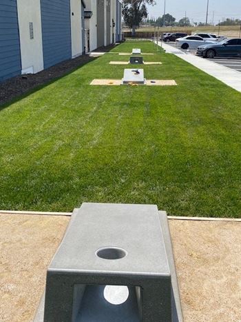 A row of ping pong tables in the grass